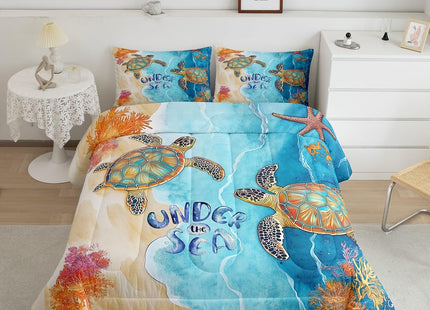 Sea Turtle Comforter Set Twin for Boys Girls Ocean Theme Bedding, Blue Marble Bedding Comforter Sets Kids Teens Sea Animal Sea Horse Crab Starfish Duvet Insert Navigation Theme Quilt 2 Pcs