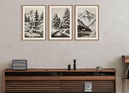 Vintage Sketch Pine Tree Mountain Framed Canvas Wall Art Set- 16"x24"x3