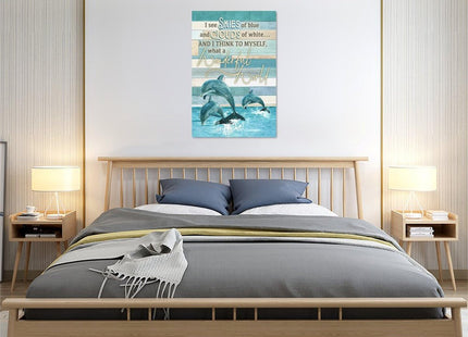 Dolphin Decor Wall Art, Blue Coastal Dolphins Pictures Wall Decor, Nautical Ocean Canvas Prints, Framed Artwork Paintings Home Office Decorations for Bathroom, Kitchen, Bedroom, Living Room 16"x24"