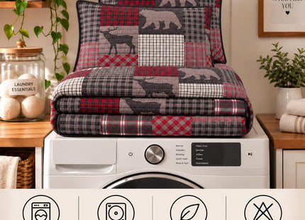 Rugs 4 Less Rustic Log Cabin Lodge Quilted Grey Charcoal Deep Red Reversible Plaid Bear Patchwork Bedspread Coverlet Bedding Set - Plaid Bear (King/Cal-King)