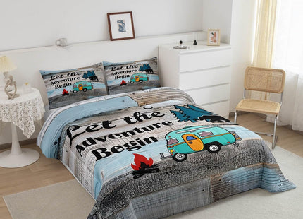 Rustic Camping Theme Bedding Set For Rv Bunks Twin,Country Farmhouse Camper Car Comforter Set For Kids Adults Woodland Pine Tree Bear Down Comforter Old Barn Door Quilt Duvet Insert 2 Pcs Grey
