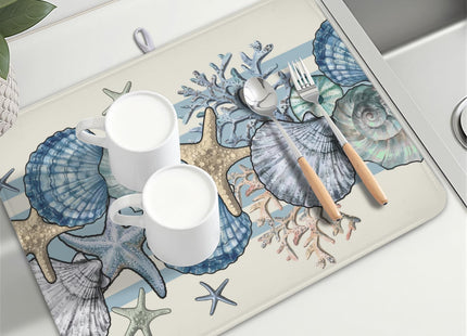 MiaoSi Nautical Coastal Dish Drying Mat for Kitchen Counter Summer Beach Seashell Starfish Microfiber Dish Drainer Mat Ocean Blue Pattern Absorbent Washable Drying Pad Extra Large 18"x24"