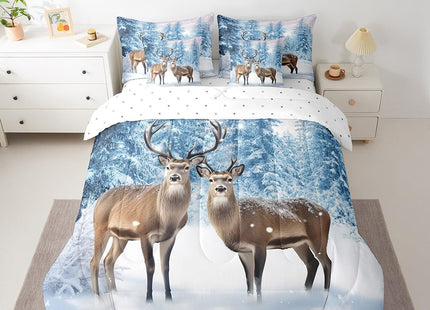 Erosebridal Deer 7 Pcs Comforter Set Twin Size,Winter Snowflake Reversible Bed in a Bag with Flat Sheet and Fitted Sheet,Hunting Deer Wild Animals Wildlife Bedding Set with Pillowcase & Sham