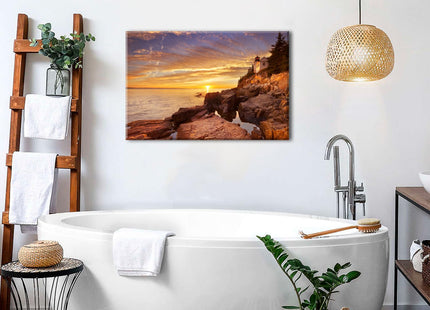 Sunset Lighthouse Canvas Wall Art Acadia National Park Bass Harbor Wall Decor Ocean Coastal Landscape Pictures Modern Nature Seascape Painting Artwork for Living Room Office Home Decoration 20x30"
