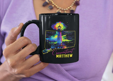 Connecticut Souvenir Coffee Mug With Custom Name, Personalized State Outline Black Cup, Colorful Lighthouse Design Mug, Customized Scenic Ceramic Cup 11oz 15oz, Gift For Travelers