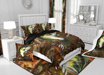 Erosebridal Bass Fish Hunting Duvet Insert Queen Pike Fish Fishing Rod Comforter Set Gifts for Men Women Fisherman Fishing Lover, Retro Wooden Branches Down Comforter Rustic Farmhouse Bedding Set