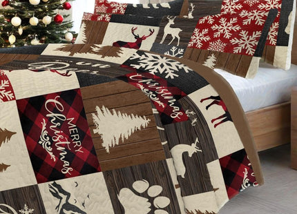 NIDITW 3-Piece Christmas Patchwork Quilt Set King Size Deer Bear Snowflake Pine Tree Brown Bedspread with 2 Pillow Shams Soft Lightweight Microfiber Bedding Set Coverlet Home Decor (New Brown, King)