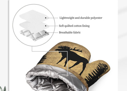MIFSOIAVV Rustic Elk Moose Deer Forest Pine Tree Moon Design Oven Mitts and Pot Holders Sets Silicone Moose Kitchen Mitts Potholders Heat Resistant 4Pcs Moose Oven Gloves Hot Pads for Kitchen