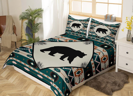 Wild Bear Bedding Set King Size for Bedroom Decorative,Geometric Flower Stripes Leaves Plant Boho Style Duvet Cover,Wildlife Animal Silhouette Bedding Quilt Cover with 2 Pillow Cases(Not Comforter)
