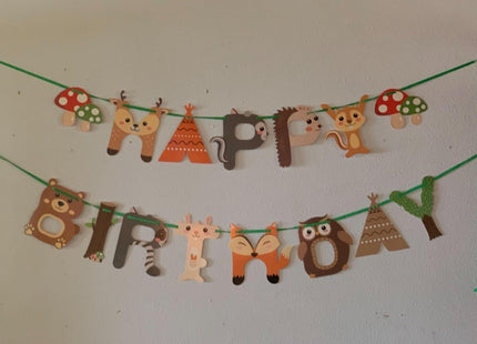 CC HOME Woodland Creature Birthday Banner,Woodland Animals Happy Birthday Forest Friend Animal Banner for Kids,Boys,Baby Shower,Birthday Party Decoration