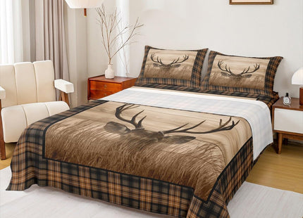 Castle Fairy Deer Antler Bed Sheet Set for Boys Girls,Rustic Farmhouse Wooden Board Barn Bed Sheet Set Full Size Bedding Set,Animal Retro Plaid Geometric Fitted Sheet and 1 Flat, 2 Pillow Sham