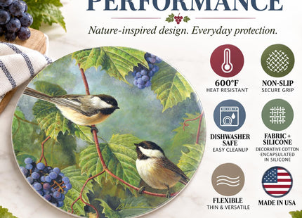 Andreas Silicone Chickadee & Grapes 8" Non-Slip Trivet, USA Made, TR-HB2333