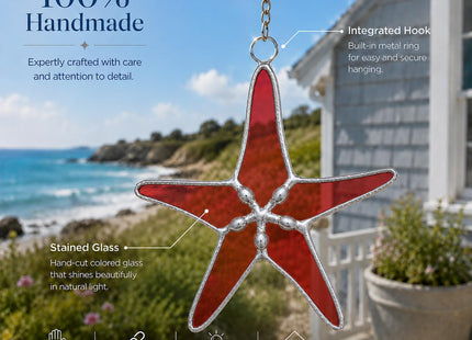 Red Stained Glass Starfish Suncatcher 3in Home Decor, Beach Gifts for Women