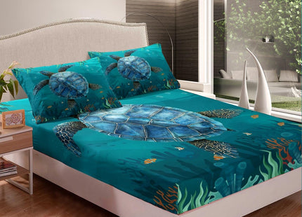 jejeloiu Kids Sea Turtle Sheet Set King Size Ocean Reptile Tortoise Bed Sheets Set Coastal Sheets with Deep Pocket Fitted Sheet Nautical Beach Blue Bedding Set with 2 Pillow Case