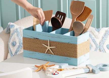 AceOrbit Coastal Utensil Holder with Starfish, Large 4-compartment Wooden Organizer, Beachy Utensil Holder, Detachable DIY Size, Nautical Kitchen Countertop Decor, Gift for Ocean Lovers, 15.75 Inch