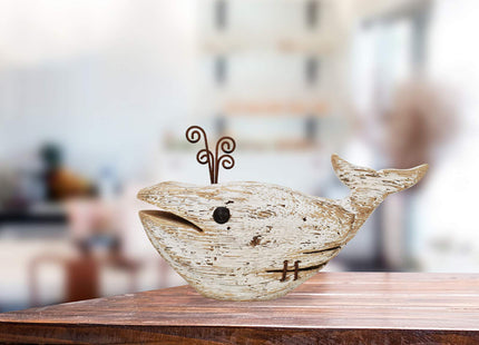 E-view Wood Whale Statue Wooden Nautical Decor for Home - Antique Fish Figures Decoration Animal Statues Beach Themed Wall Art (Whale Figurine)