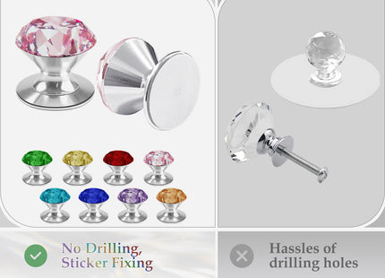 CcHhyyt 4 Pcs Crystal Adhesive Knobs Stick On Cabinet Handle Pink K9 Crystal Pulls Peel and Stick Dresser Pulls for Mirror Cabinet Drill Free Knobs for Glass Sliding Doors Fish Tank Lid Terrarium