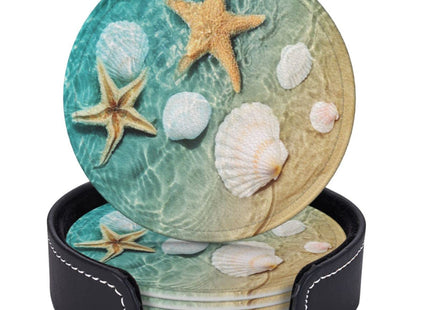 Niukom 6 Pcs Starfish and Seashell On The Summer Beach in Sea Water. Leather Coasters for Drinks with Holder Coaster Sets Drink Table Cup Coasters for Living Room Kitchen Coffee Decor