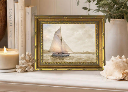 Vintage Sailboat Nautical Landscape Wall Art, Gold Framed Canvas Print