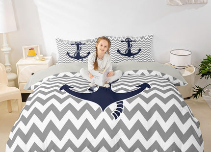 Nautical Anchor Duvet Cover Twin Size,Geometric Gray Stripe Bedding Set 2pcs for Kids Teens Adults Room Decor,Ocean Adventure Themed Comforter Cover Modern Abstract Quilt Cover,1 Pillowcase