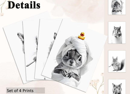 OFJE Funny Squirrel Wall Art Decor Prints Set of 4, Funny Squirrel Posters Pictures Wall Decor for Bathroom Washroom Restroom, 8x10 Unframed