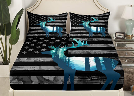 Erosebridal Deer Hunting Sheet Set Twin American Flag Sheets for Boys Teens Youth, Antlers Animal Printed Bed Sheets Set Western Wildlife Theme Top Sheet Fitted Sheet with 1 Pillowcase, 3 Pcs