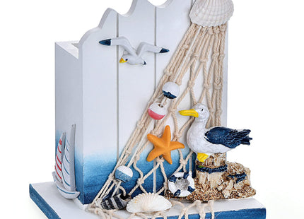 SeaHug Nautical Pen Holder, Coastal Wooden Desk Organizer with Seagull, Starfish and Seashell Details, Small Beach-Themed Pencil Cup for Office Desk, Vanity, Bathroom Counter Decor