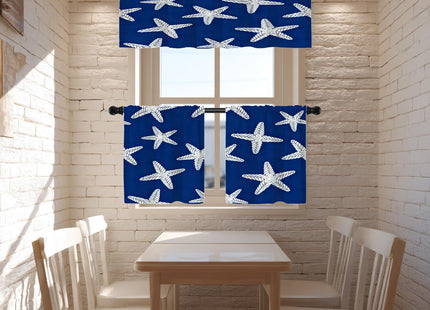 BaoNews Coastal Nautical Blackout Kitchen Curtain, Abstract Seamless Pattern with Starfish On Blue Background Window Treatment Rod Pocket Light Filtering Bathroom Short Valance 2 Pack 52X18 Inches