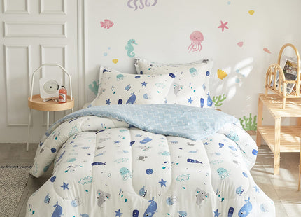 Joyreap 3pcs Premium Cotton Comforter Set for Kids Boys n Girls, Vibrant Ocean Theme Starfish Whale Crab Printed, Skin-Friendly Breathable Bedding Comforter for All Season (Twin, 68x88 inches)