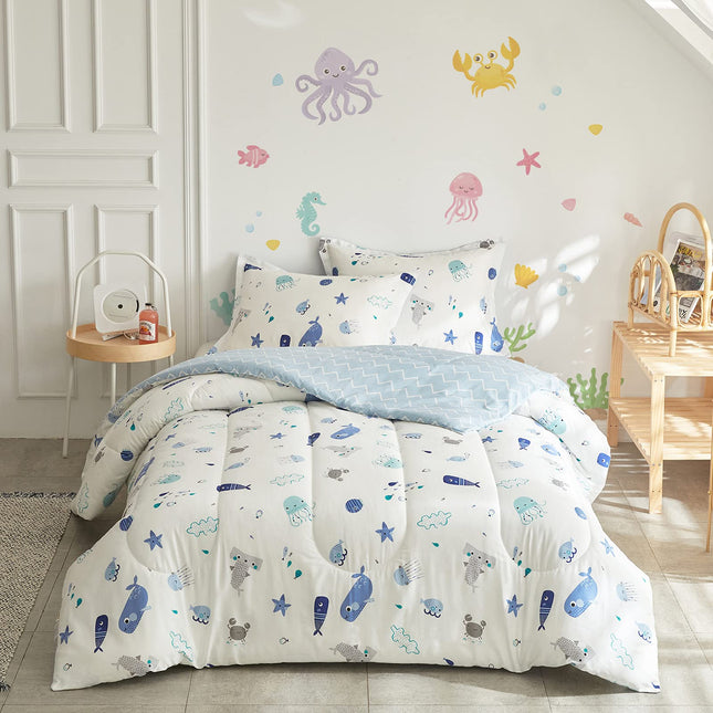 Joyreap 3pcs Premium Cotton Comforter Set for Kids Boys n Girls, Vibrant Ocean Theme Starfish Whale Crab Printed, Skin-Friendly Breathable Bedding Comforter for All Season (Twin, 68x88 inches)
