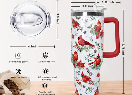 Ceovfoi 40 Oz Red Cardinal Tumbler With Handle,Christmas Coffee Travel Mug Cup, Red Cardinal Decor, Christmas Gifts for Women