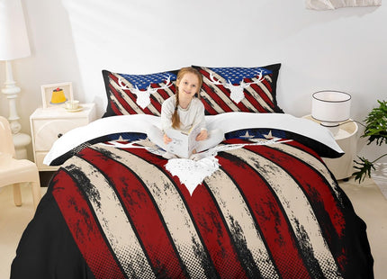 American Flag Retro Duvet Cover Set Full Size,Deer Antlers Animal Comforter Cover,Boys Adults Xmas/Bedroom Decor,Red Blue Stars Striped Bedding Set,Rustic Hunting Farmhouse Quilt Cover,2 Pillowcases