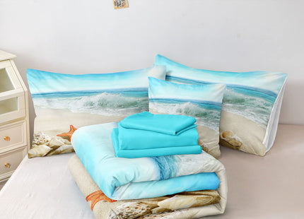 Bedbay Beach Comforter Set 8 Pcs Queen Bed in a Bag Coastal Bedding Ocean Beach Themed Bedding Set Queen Comforter with Sheets Turquoise Seaside Starfish Quilt Set (Aqua,Queen)