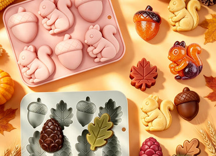 2 Pack Fall Silicone Molds, Thanksgiving Squirrel Acorn & Maple Pinecone Molds for Chocolate, Wax Melts, Soap & Epoxy Resin