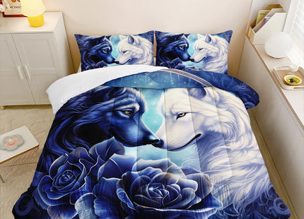 OUIXOTIC Wolf Print Comforter Set Queen Size,White and Dark Blue Wolf in Flowers Duvet Set, Forest Animals Printed Quilte Set for Girls Boys Adult,with 1 Comforter and 2 Pillow Case