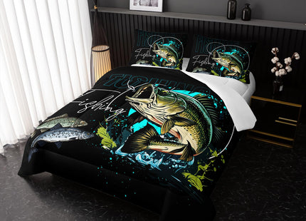 Nttopship Big Pike Fish Bedding ，Hunting and Fishing Brown Green Bedding Set Themed Comforter Set for Kids Boys Room Decor, Queen Bed in a Bag for Teens with 2 Pillowcases