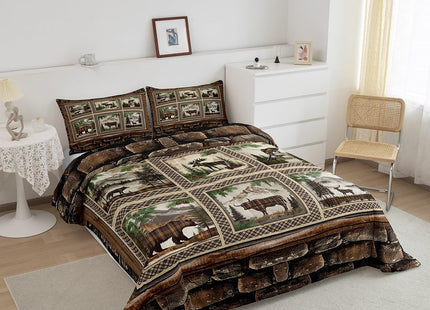 Feelyou Rustic Bear Comforter Set Toddler Size Boys Girls Farmhouse Deer Bedding Set for Kids Cabin Moose Duvet Quilt Highland Cow Brown Plaid Grid Room Decor