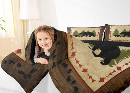 Rustic Farmhouse King Size Bear Paw Print Comforter Set - Wild Bear Bedding, Nature Woodland Decor, Down Comforter & Duvet Insert in Brown & Green
