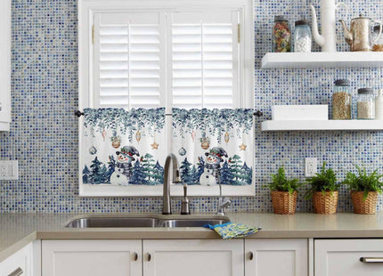 Blue Snowman Christmas Kitchen Curtain Set, Coastal Xmas Tree Curtains Valance and Tier 36 Inch Length, Farmhouse Eucalyptus Rod Pocket Kitchen Window Short/Half/Small Tier Starfish Curtain Drapery