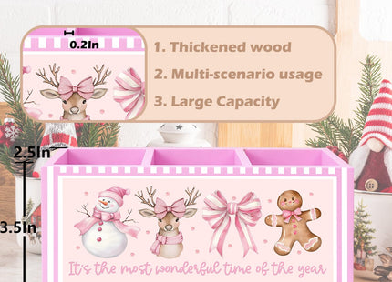 FDHSPAAM Pink Christmas Kitchen Utensil Holder, Coquette Bow Snowman Reindeer Gingerbread Cooking Utensil Holder Wooden Storage Organizer Box for Kitchen Counter, Girly Christmas Decor