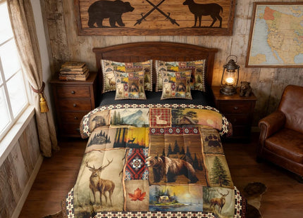 Erosebridal Hunting and Fishing Queen Bedding Set 7 Pieces, Brown Tribal Buffalo Plaid Comforter Set with Sheets, Rustic Bear Deer Elk Moose Bed in A Bag, Country Cabin Lodge Patchwork Bed Sets