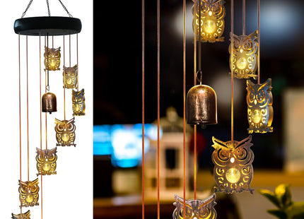 8 LED Solar Upgrade Owl Wind Chimes, Outdoor, Warm LED Owl Decor
