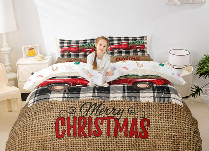 Kids Christmas Truck Duvet Cover Set Full Size,Xmas Tree Snowflake Bedding,Girls Boys Adults Room/Cabin Decor,Geometric Grids Plaid Chic Comforter Cover,Rustic Retro Quilt Cover,3pcs,2 Pillowcases