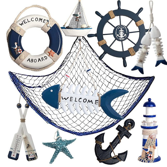 10 PCS Wood Coastal Wall Hanging Ornament Decoration, Nautical Mediterranean Style Beach Wooden Lighthouse, Anchor, Boat, Rudder, Oar, Life Ring, Ship, Starfish, Fishing Nets, Steering Wheel Sailing Home Decor