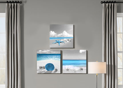 sechars Coastal Canvas Wall Art Seashell Starfish Pictures Prints Bathroom Seaside Painting Artwork Framed (Blue)