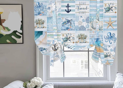 Blue Coastal Tie Up Curtains for Small Windows,Adjustable Rod Pocket Ocean Turtle Starfish Coral Valance 45 Inch Short for Bathroom Kitchen,Nautical Anchor Octopus Balloon Roman Blind Shade,34" x 45"