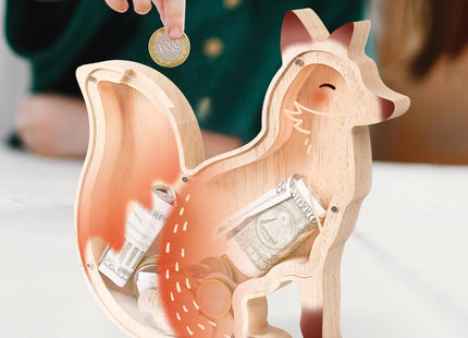 Uniwooder Wooden Fox Piggy Bank for Kids, Fox Money Bank for Boys Girls