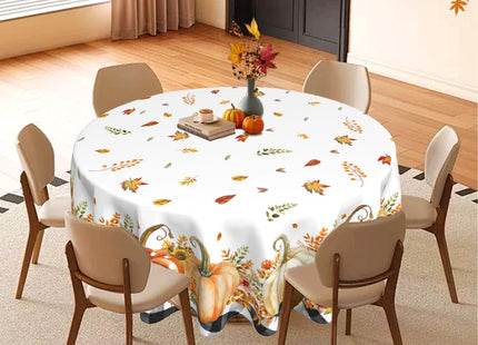 Fall Pumpkin Round Tablecloth 60 Inch Polyester Maple Leaf Kitchen Decor