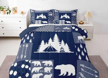 Erosebridal Camper Bedding Set Twin Rustic Farmhouse Camping Comforter Set,Bear Deer Woodland Animal Comforter for Kids Boys Girls,Patchwork Geometric Hexagon Arrow Decor Quilt Duvet Navy Blue 2 Pcs