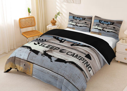 Erosebridal Camping Hunting Bedding Set Rustic Elk Deer Duvet Cover Queen Farmhouse Style Camper Theme Comforter Cover for Kids Adults,Eat Sleep Hunt and Camp Quilt Cover 2 Pillow Cases Grey Blue
